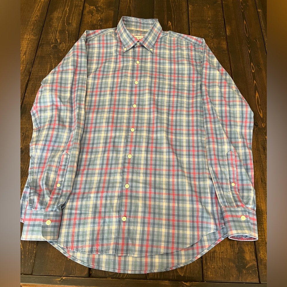 Peter Millar Men’s Plaid Button Down Shirt Blue Pink Size Large